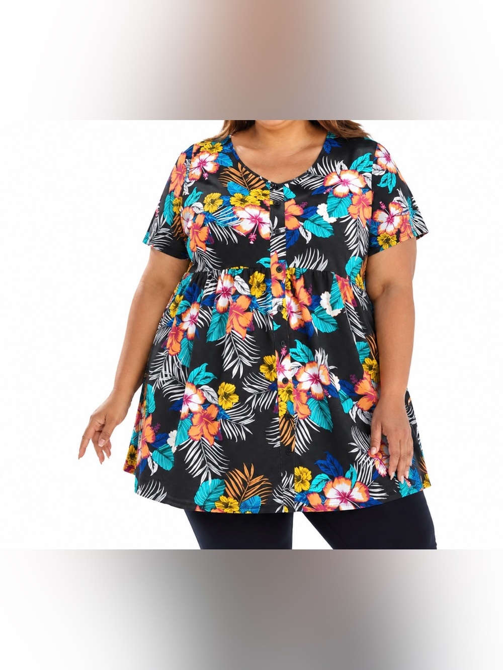Woman Within 18/20 Short-Sleeve Empire Waist Tunic - Black Hibiscus Tropicana